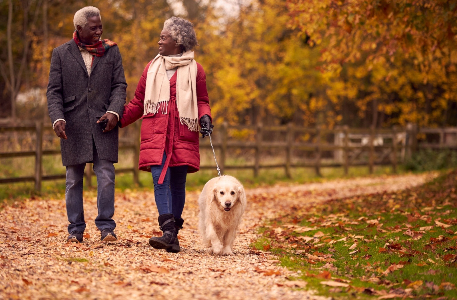 A senior couple enjoys a walk outside with their dog, surrounded by Fall leaves.
