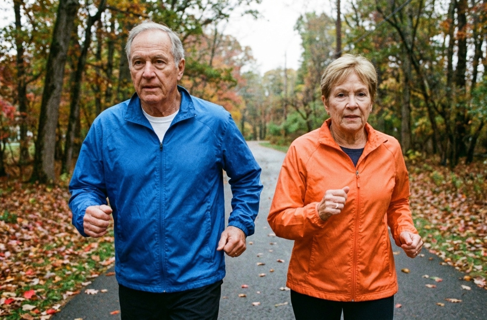 Two older adults running on a paved park trail covered in autumn leaves.