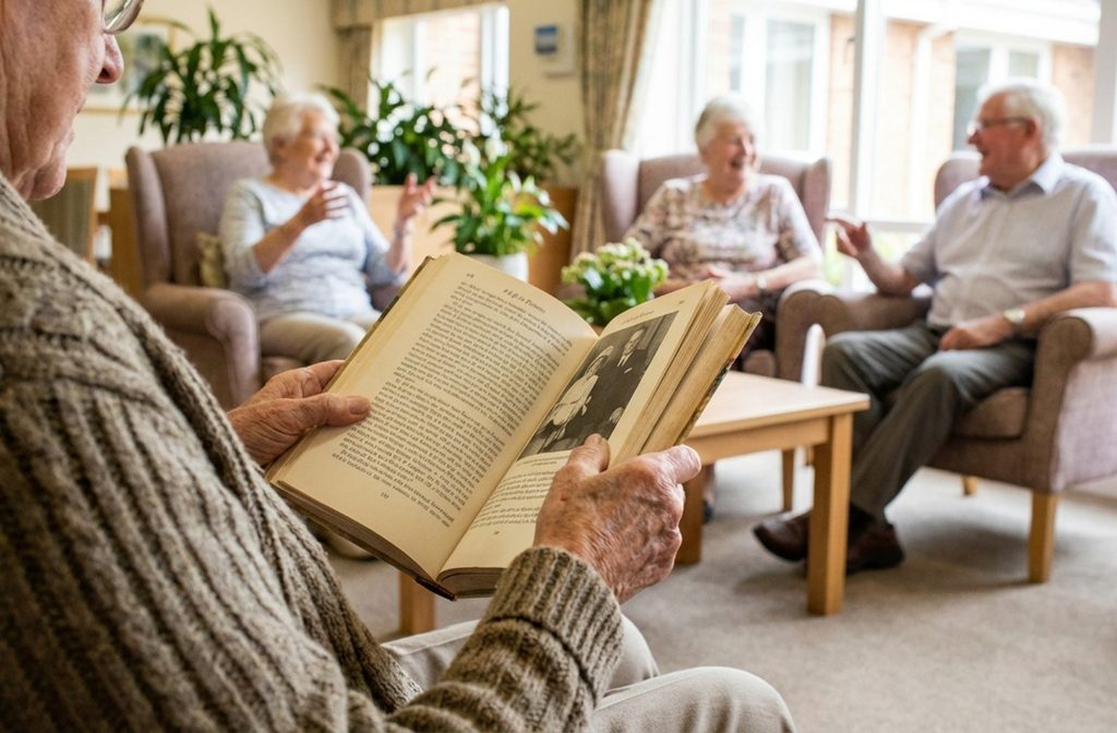 Wrinkled hands hold an open book while three older adults converse in cozy armchairs in the blurred background.