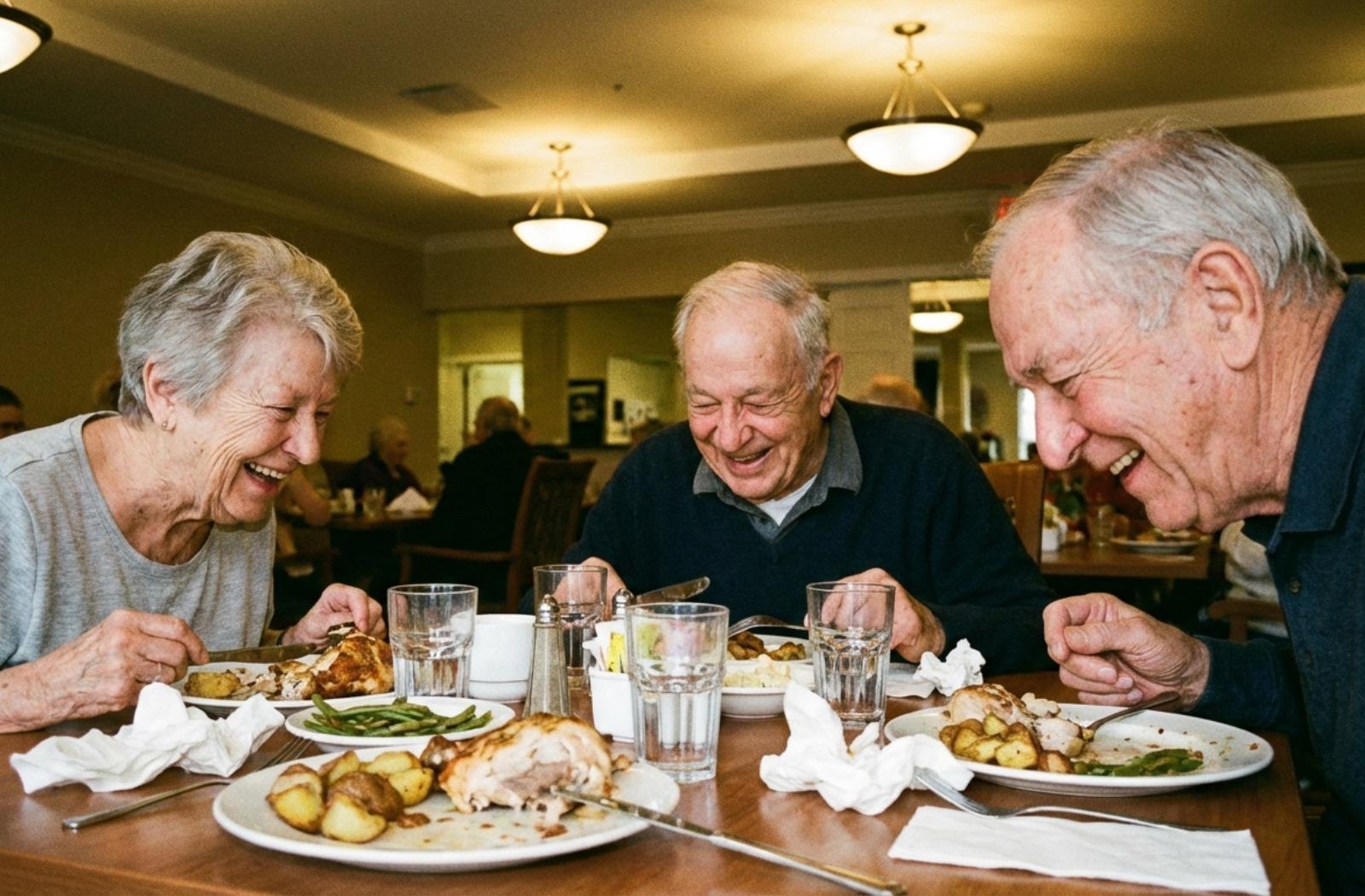 A group of seniors laugh and enjoy a meal together in a senior living community.