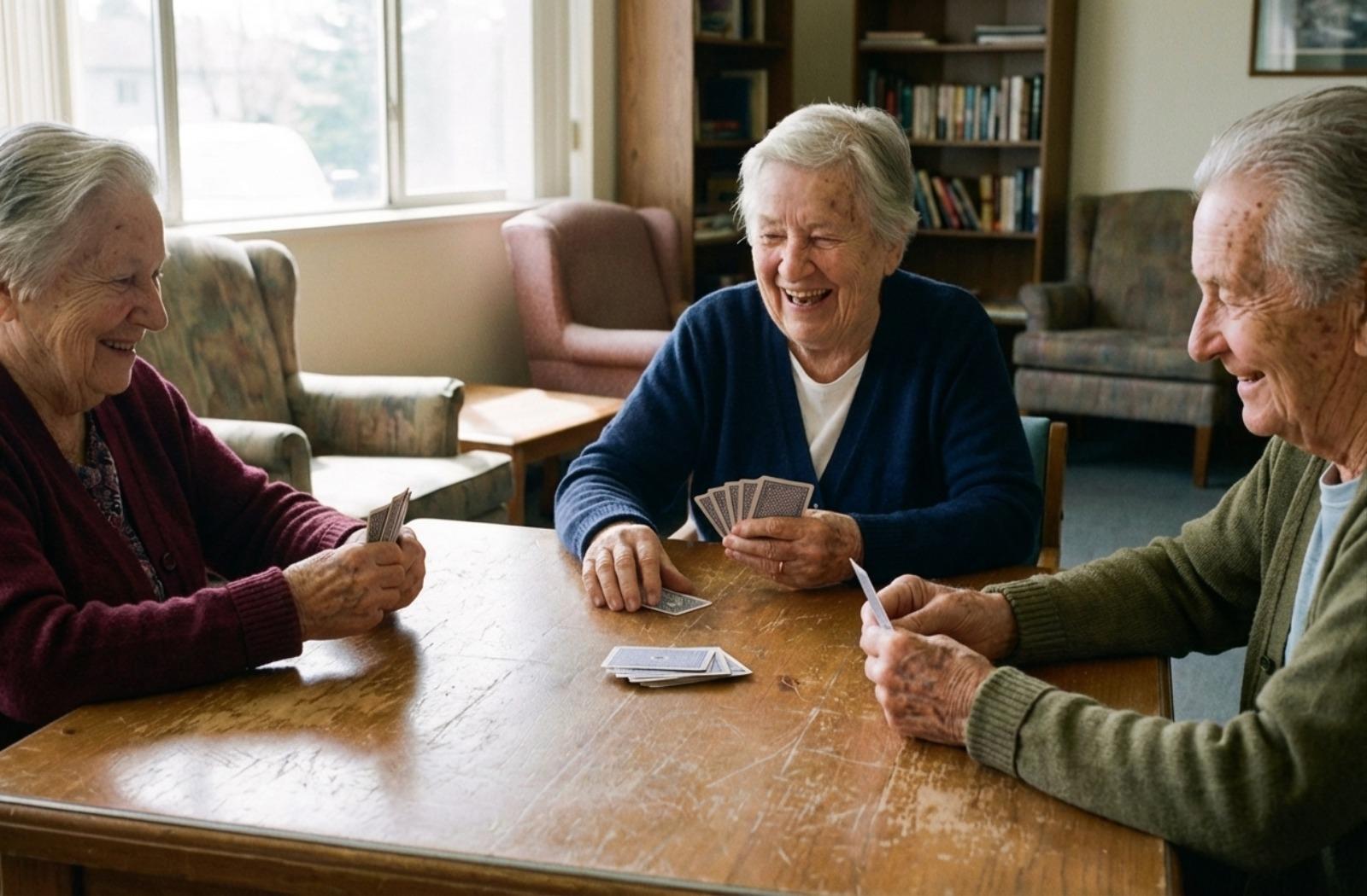 Three older adults smiling and playing cards at a sunlit wooden table in a recreation room.